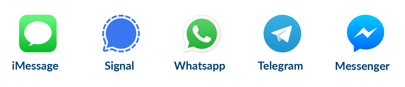 Symbole für die Messaging-Apps iMessage, Signal, WhatsApp, Telegram und Messenger in einer Reihe.