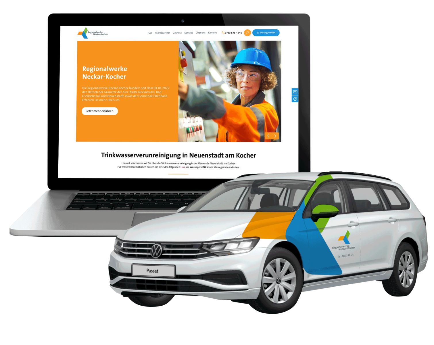 Mockup der Website der Regionalwerke Neckar-Kocher und Corporate Design für die Unternehmensflotte