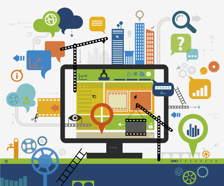 Computer mit Diagrammen, Zahnrädern und Werkzeugen, die die Website-Entwicklung symbolisieren.