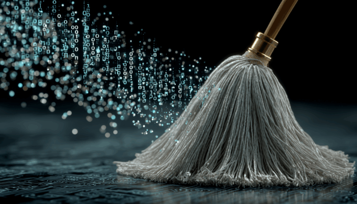 cjmanuela_A_mop_cleans_digital_data_--ar_169_--stylize_300_--_82983fd2-4897-4ea9-b96d-82c5774c4eed_3 Ein Wischmopp, der digitalen Code von einer Leiterplatte wegwischt, symbolisiert die Datenbereinigung.
