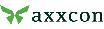 Axxcon-Logo mit grünem Schmetterlingsflügel-Symbol und dunkelgrünem Kleinbuchstaben-Text.
