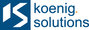 Koenig Solutions Logo mit stilisiertem KS und Text koenig solutions auf blauem und weißem Hintergrund.