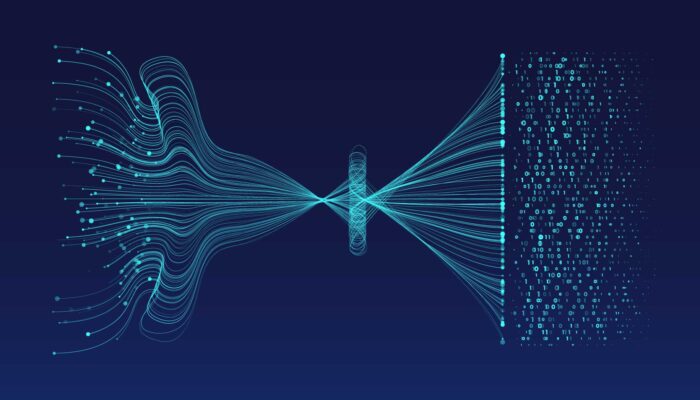 Datenstrom-iStock-1477372237-pdf Abstrakte Visualisierung von Daten, die durch einen Trichter fließen und einen Binärcode auf dunklem Hintergrund bilden.