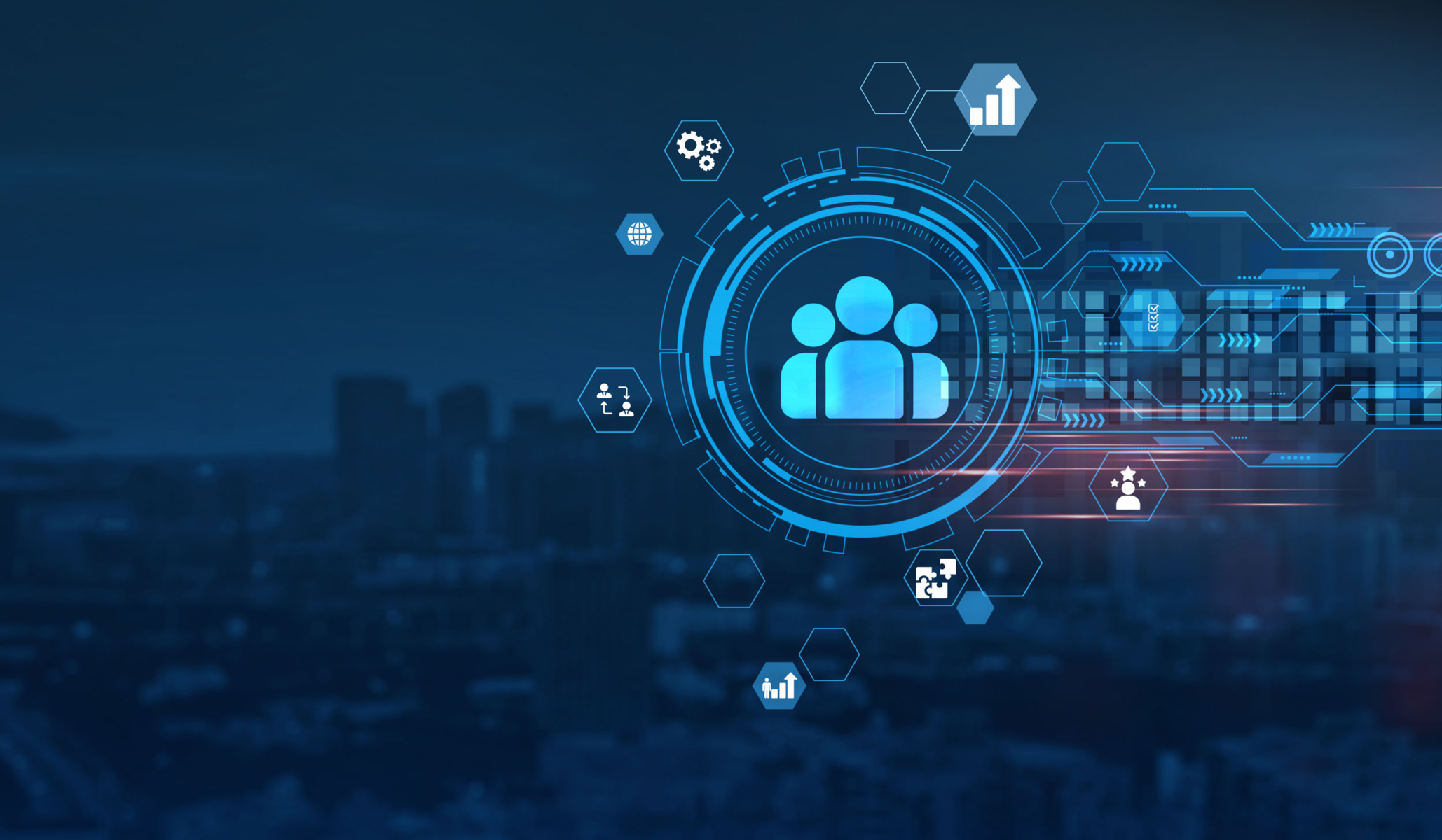 Digitale Symbole von Menschen und Graphen über einer Stadtlandschaft, die Technologie und Daten symbolisieren.