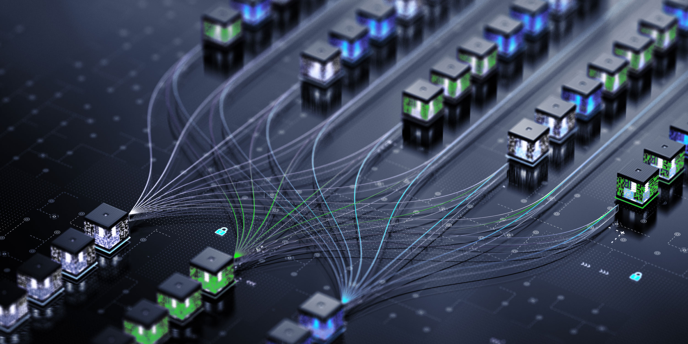 Reihen verbundener leuchtender Würfel mit digitalen Schaltkreisen, die den Datenfluss oder die Blockchain darstellen.