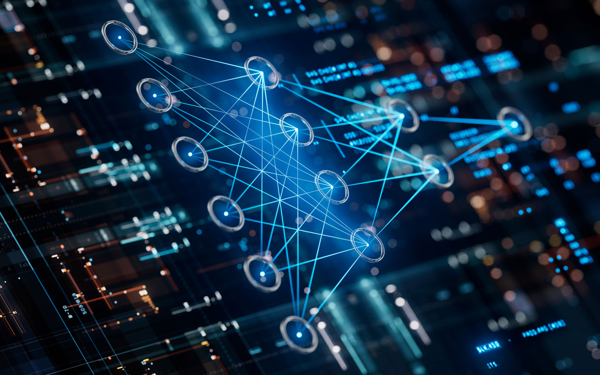 Digitales Rendering eines Diagramms eines neuronalen Netzes, das einen futuristischen Leiterplattenhintergrund überlagert.
