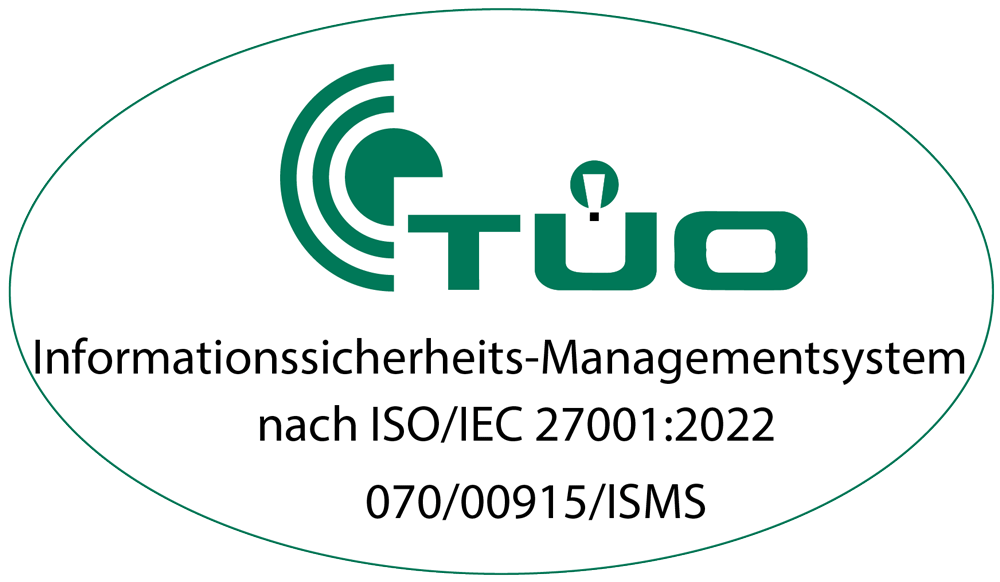 ISO27001.web Ovale Plakette mit TÜO, ISO/IEC 27001:2022 und deutschem Zertifizierungstext.