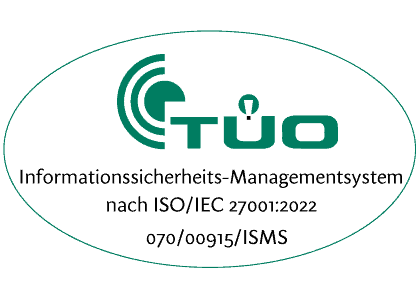 Tueo_Siegel_D_27001_Reg.Nr_2 TÜO-Logo für die Zertifizierung nach ISO/IEC 27001:2022 für Informationssicherheits-Managementsysteme.
